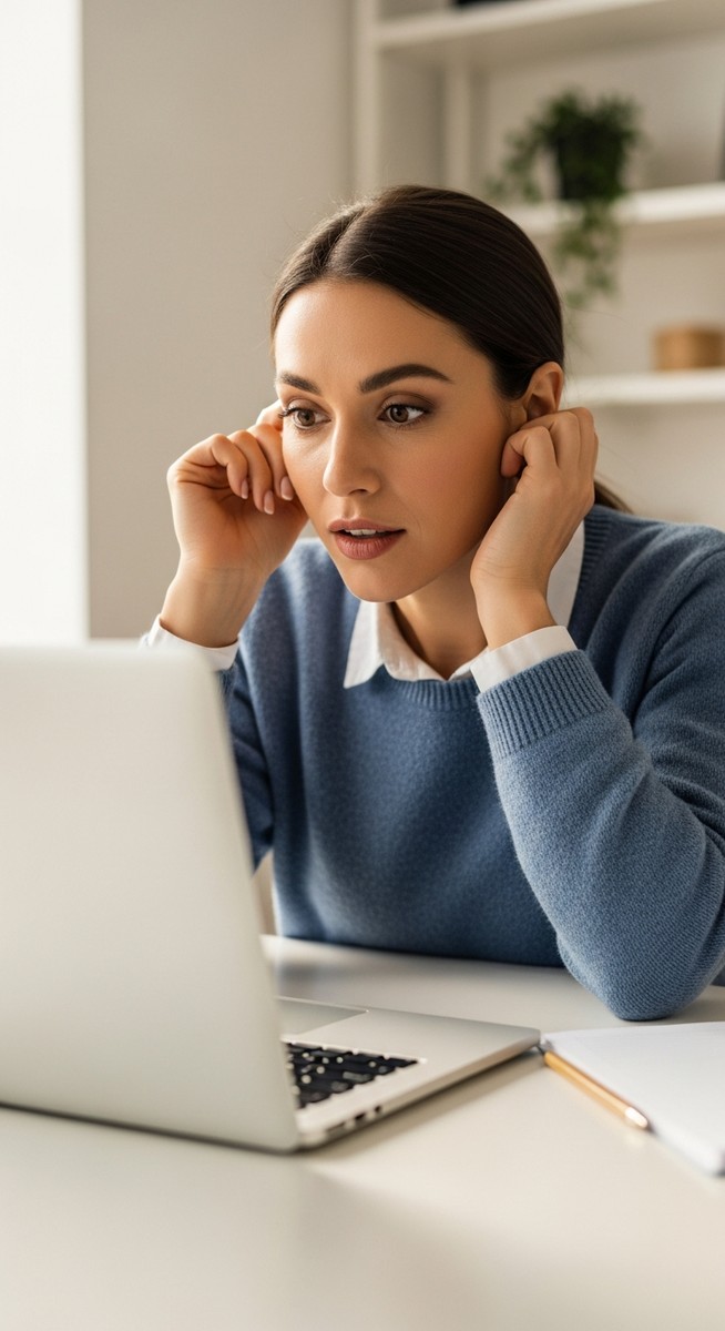 woman looking curiously at her laptop screen at her desk