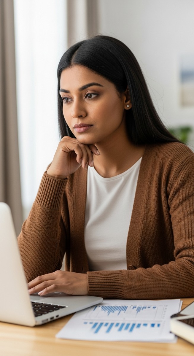 woman reviewing her personal budget on a laptop at a home desk with a thoughtful expression