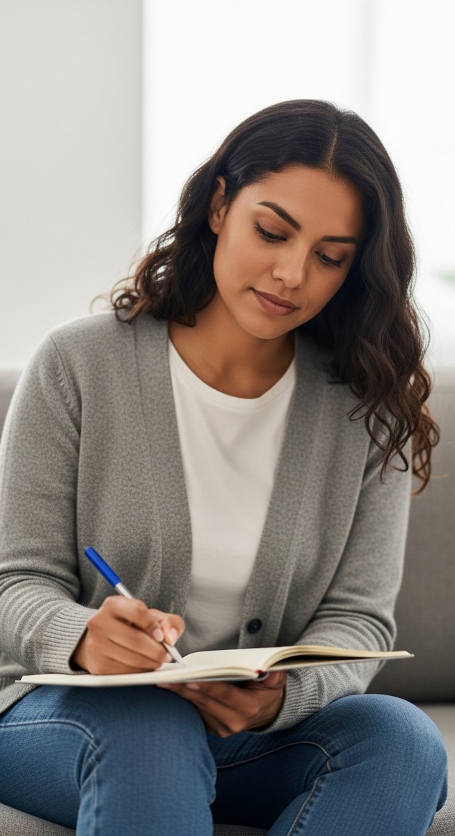 woman writing in a notebook on a sofa with a thoughtful expression