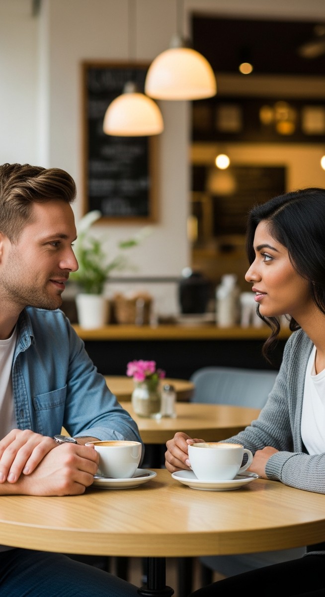 man and woman having an open conversation over coffee at a café table
