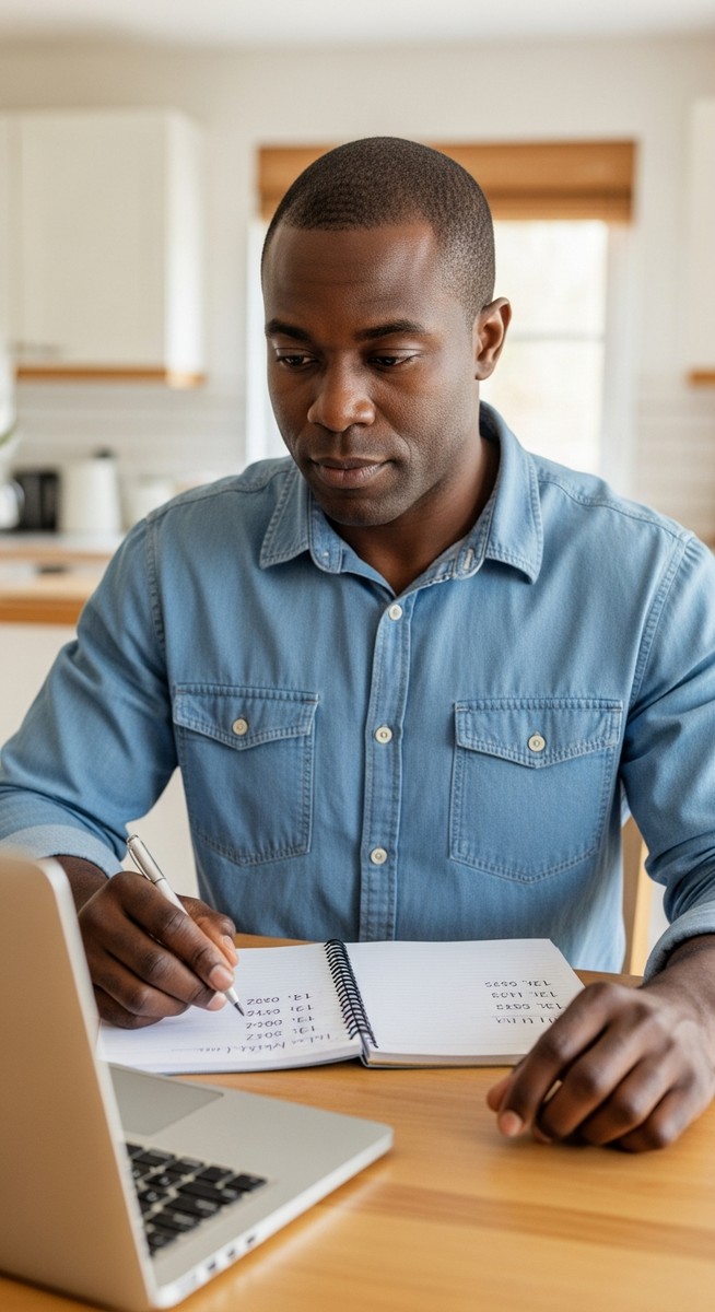 man working through a household budget on a laptop at a kitchen table