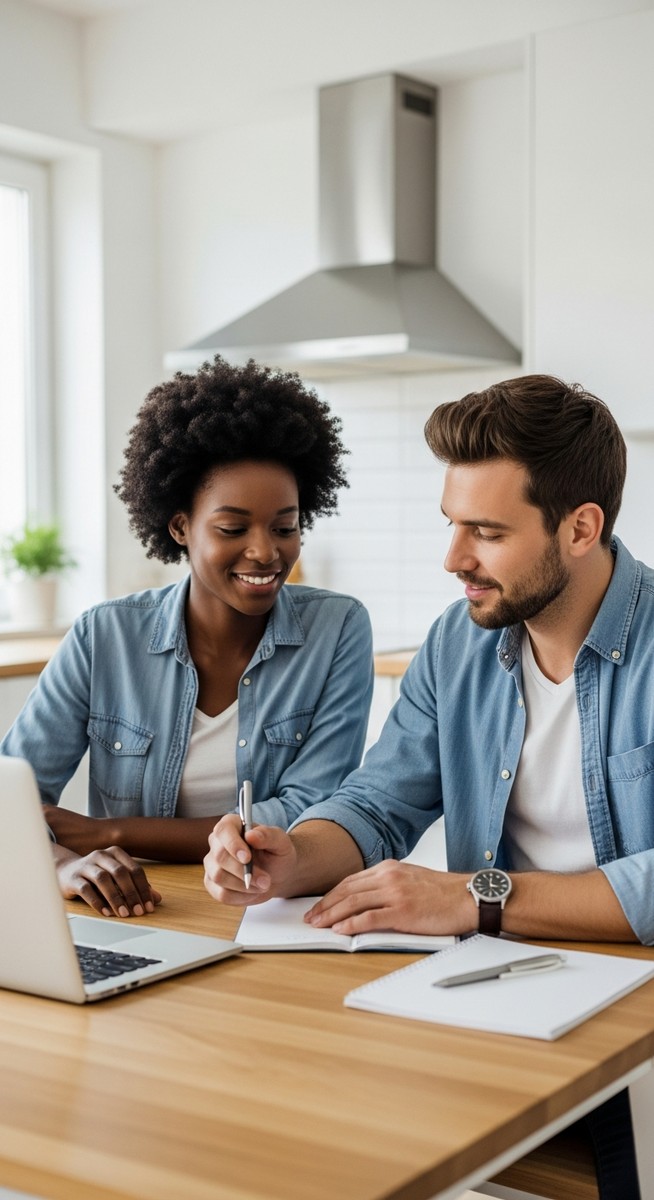 couple discussing finances together at a kitchen table with a laptop and notepad