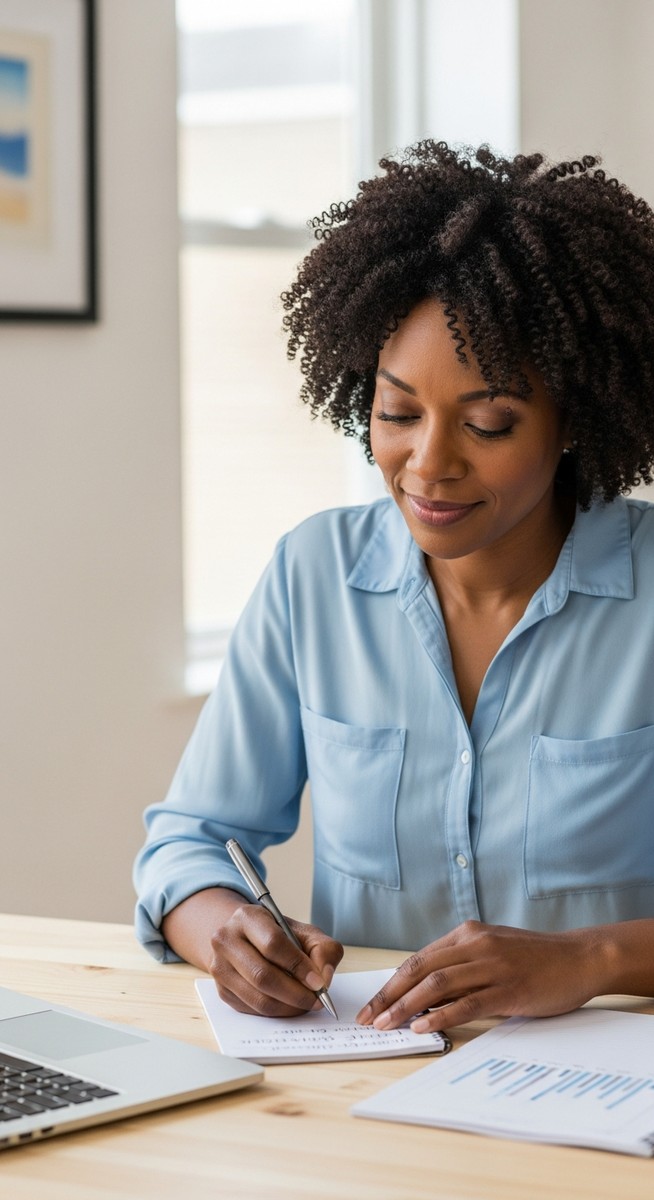 woman writing financial goals in a notepad at a home desk with a laptop