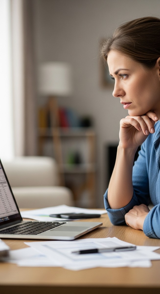 woman looking thoughtfully at a financial situation on her laptop at a home desk