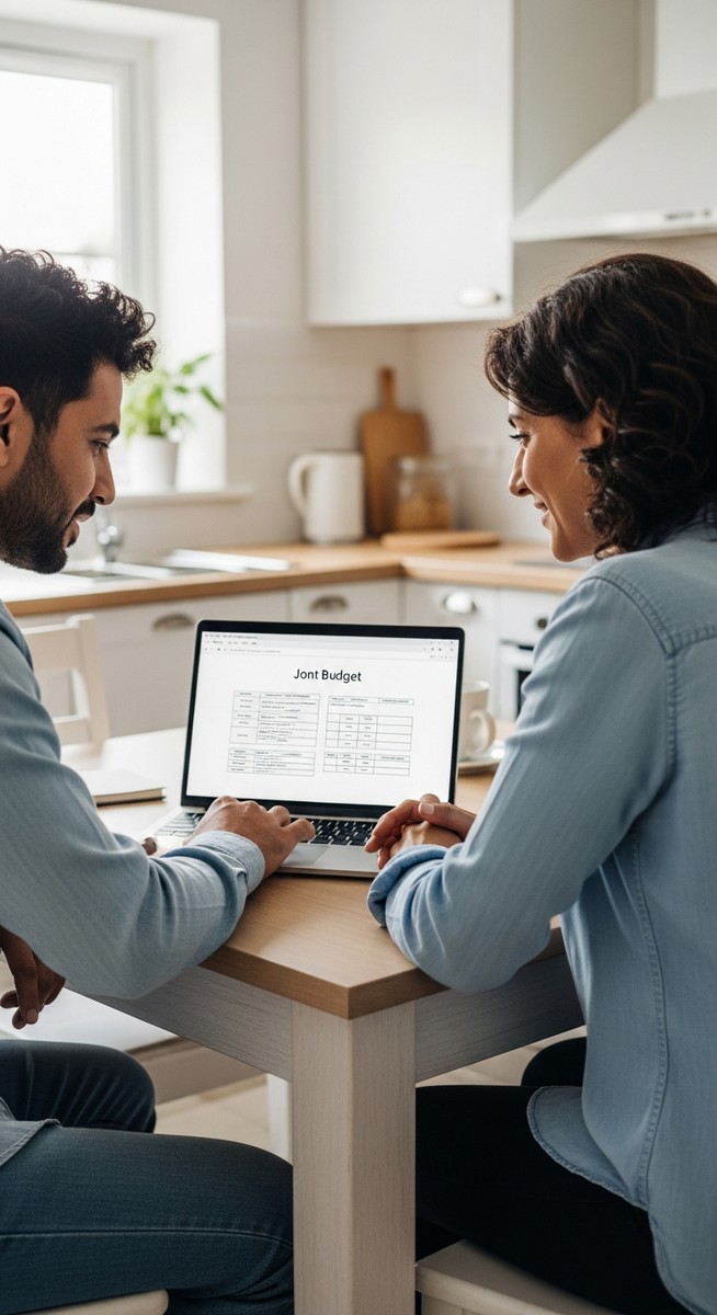 couple looking at a joint financial plan on a laptop at a kitchen table