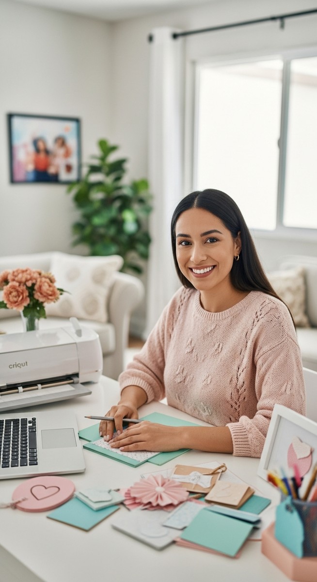 woman at a home desk with a Cricut machine and finished products smiling confidently