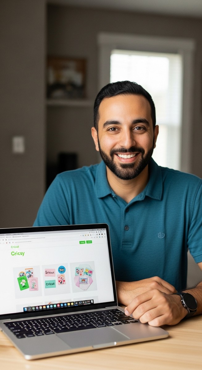 a man reviewing his Etsy shop for custom Cricut products on a laptop to make money