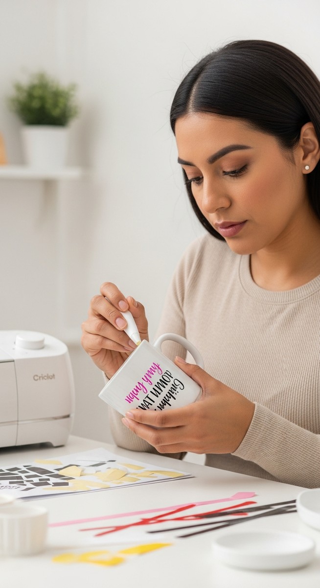 a woman applying a vinyl decal to a mug at a craft table with a Cricut machine in the background to make money