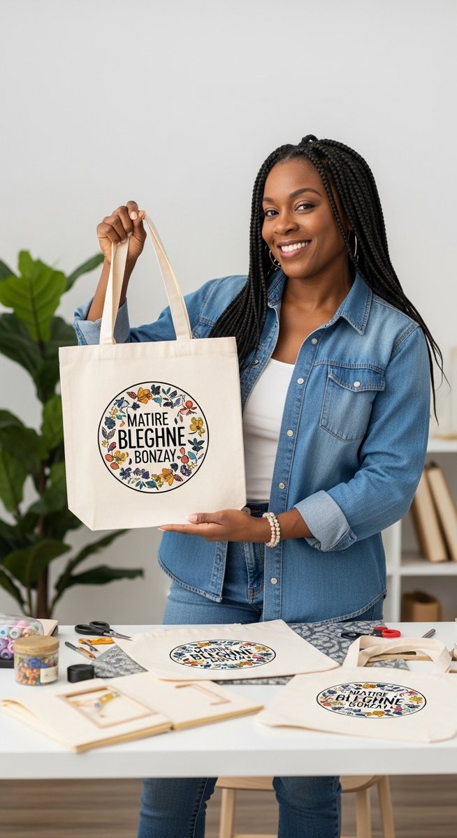 woman holding up a finished personalised Cricut product and smiling proudly