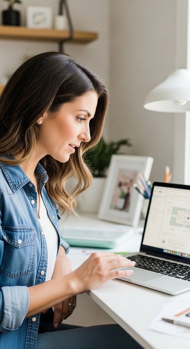 woman reviewing a design on Cricut software on a laptop at a home desk