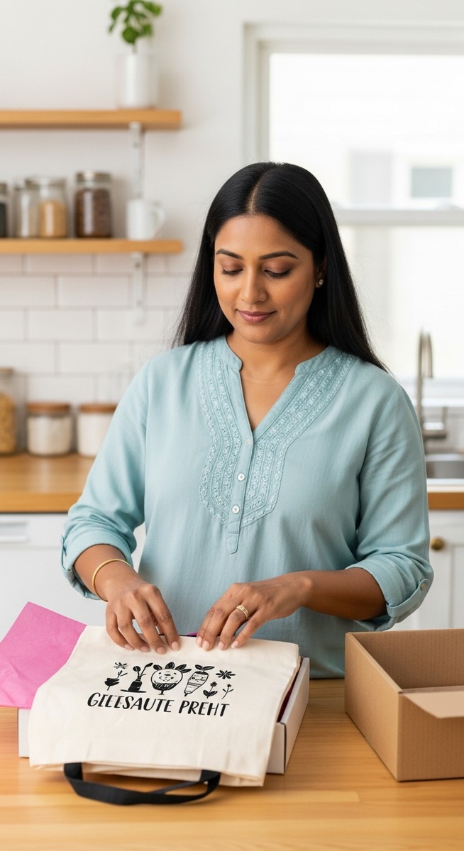 woman packaging a personalised craft product at a kitchen table