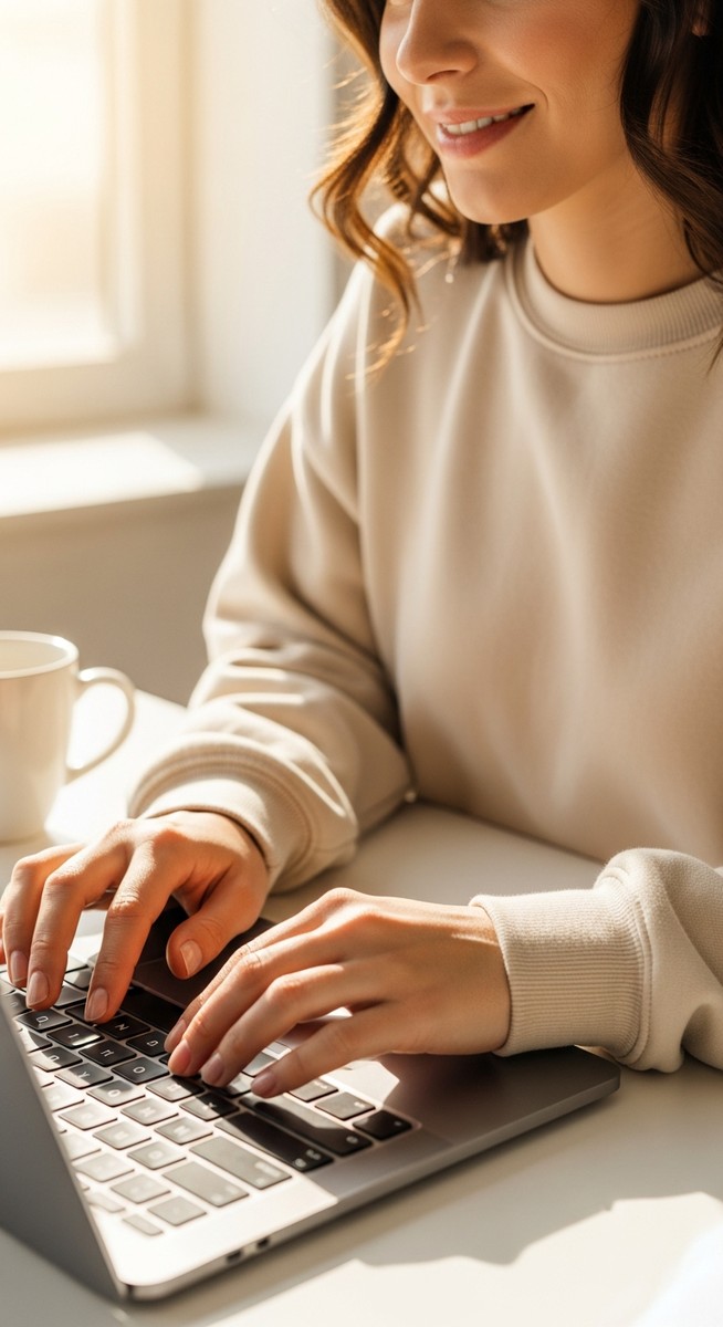 woman typing on a laptop at a bright clean desk