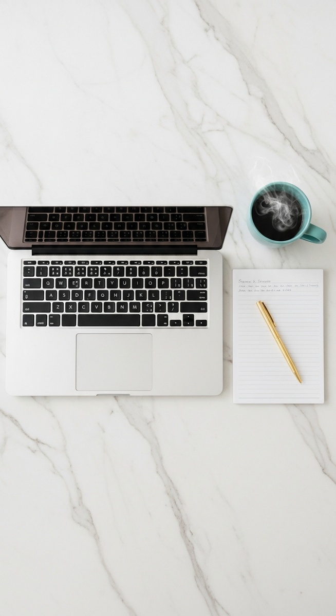 flatlay of a laptop and teal mug on a marble surface