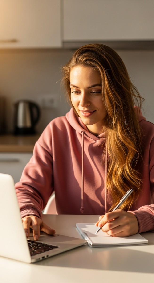 young woman taking notes next to her laptop at a kitchen table