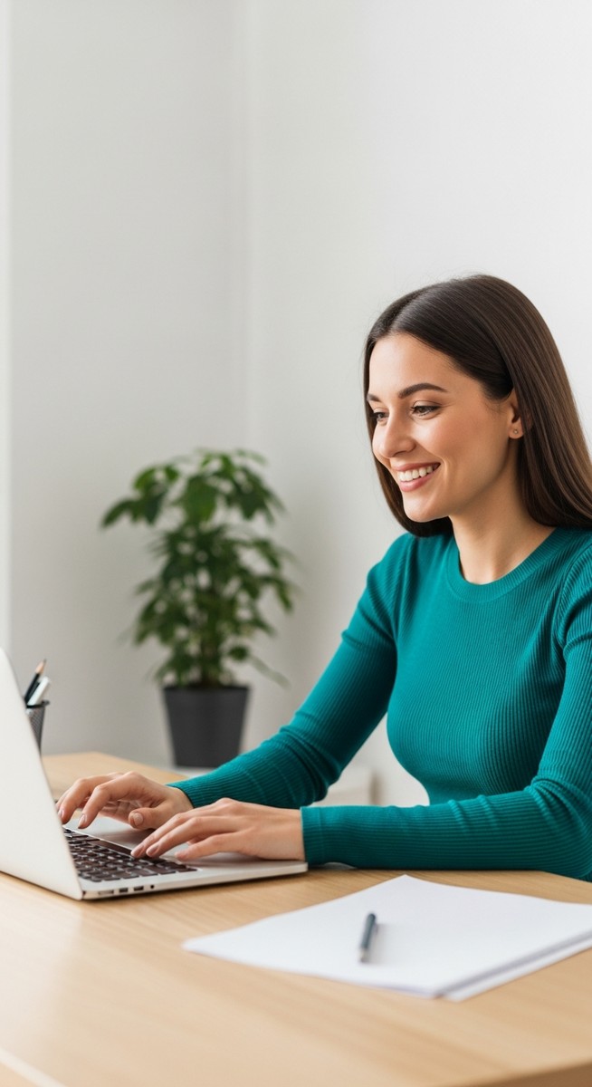 woman looking satisfied at her laptop screen at home