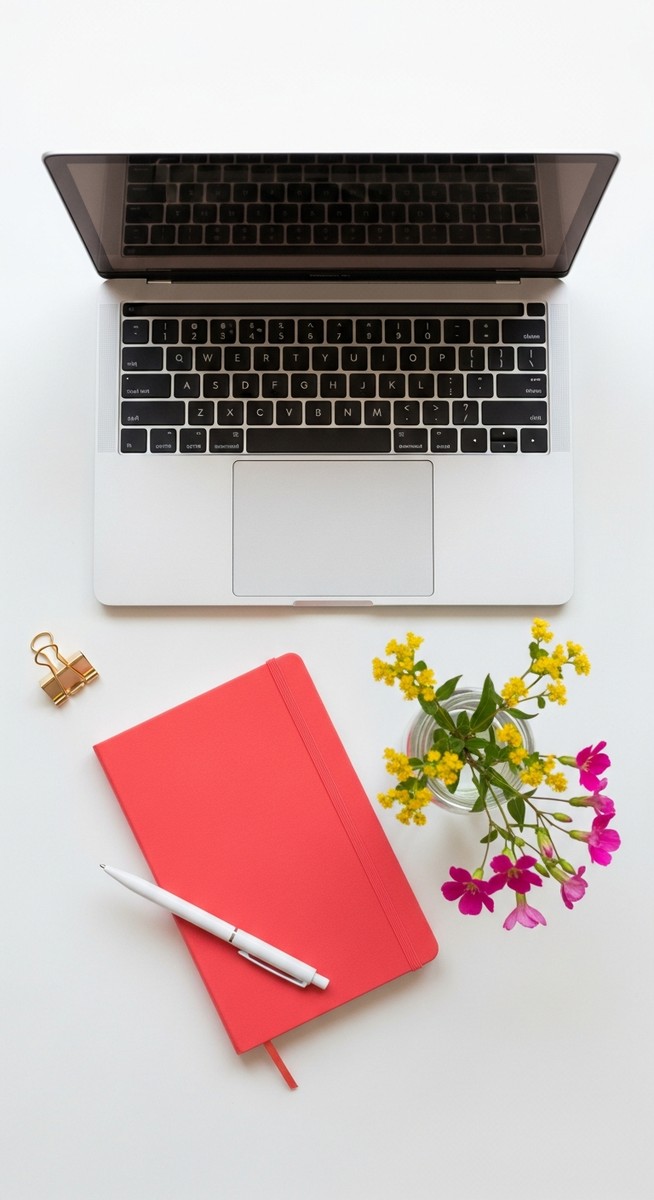 flatlay with laptop and other items on a white surface