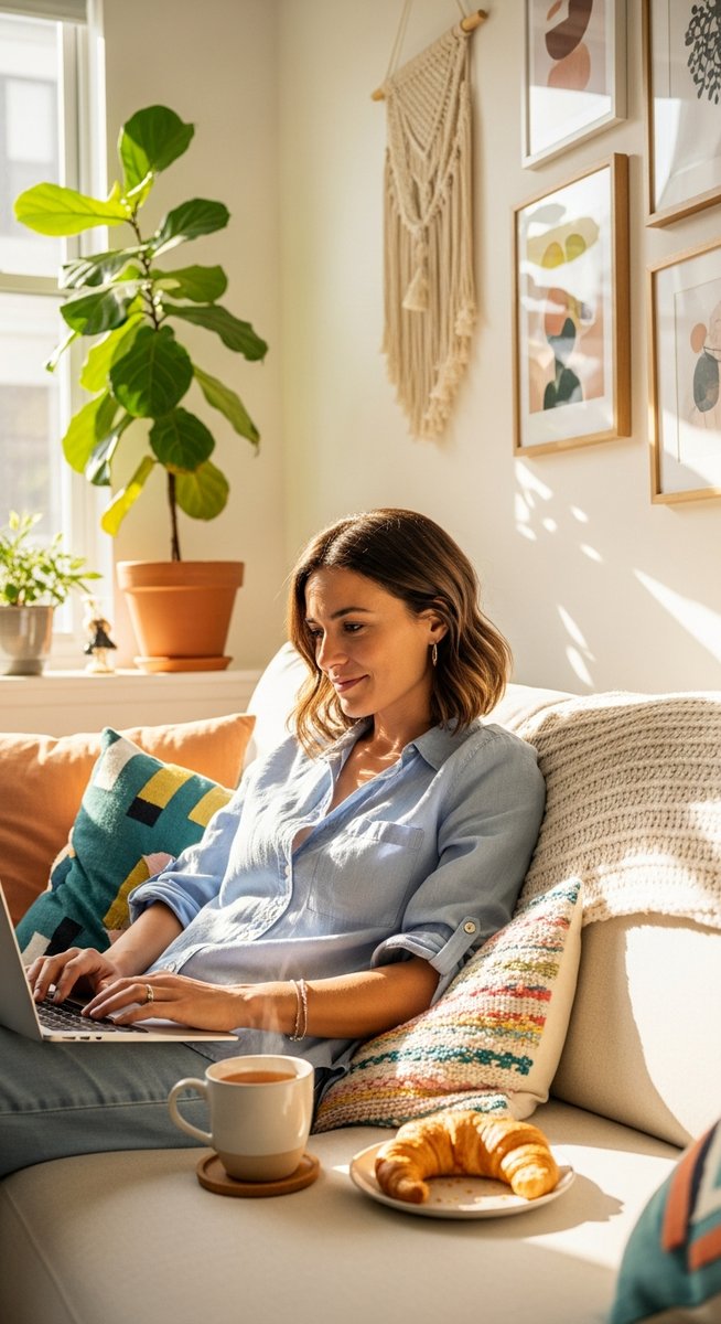 woman smiling while working on her laptop at home
