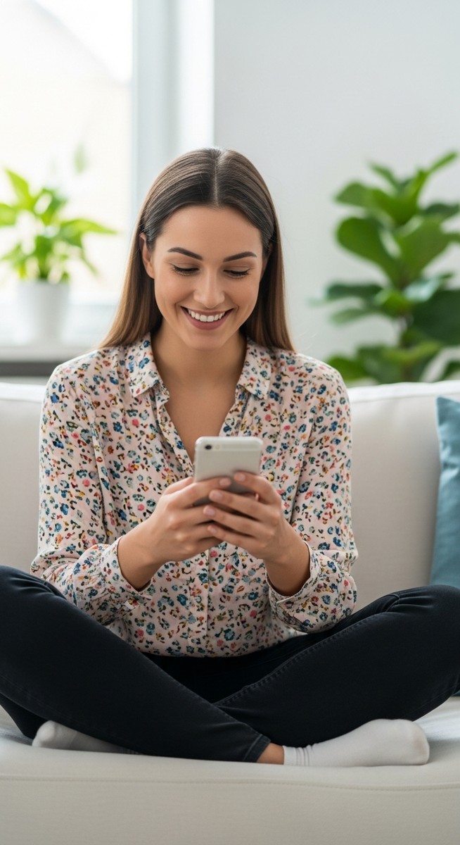 woman smiling at her phone in a bright living room