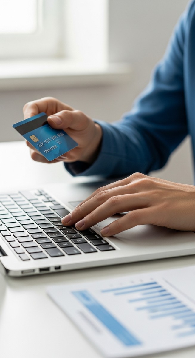 hand holding a new debit card over a laptop keyboard on a clean desk