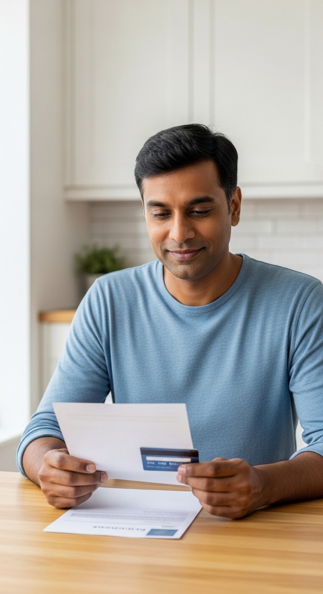 man reading a letter that arrived with a new bank card at a kitchen table
