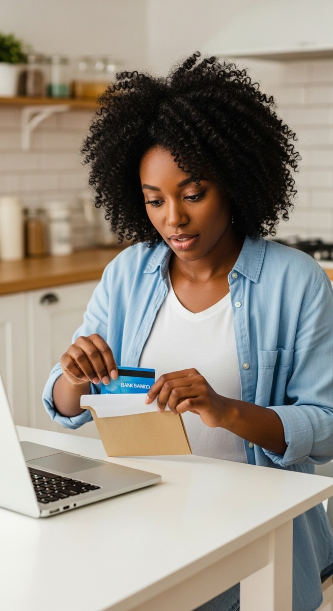woman opening a bank card envelope at a kitchen table with a laptop beside her