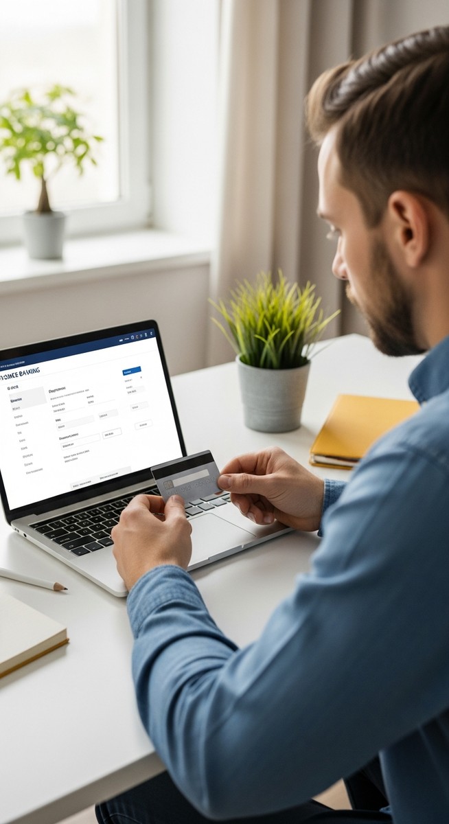 man updating online banking details with a new debit card at a home desk