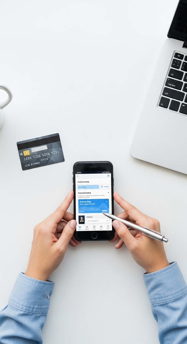 flatlay of a new bank card, a smartphone with a banking app and a laptop on a white desk
