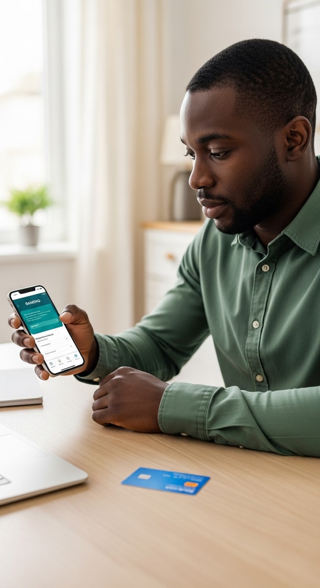 man with a banking app on his phone and a new debit card on his desk