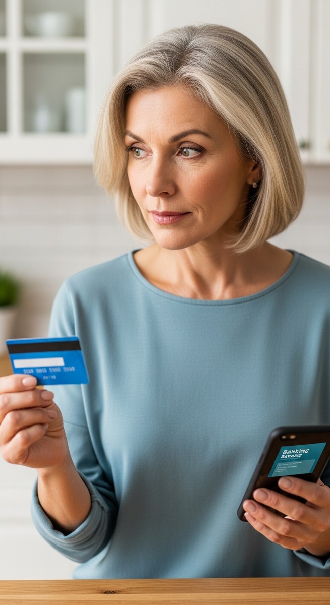 woman comparing a new bank card with a banking app on her phone in a kitchen