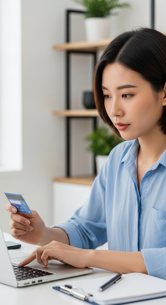 young woman entering card details on a laptop at a home desk