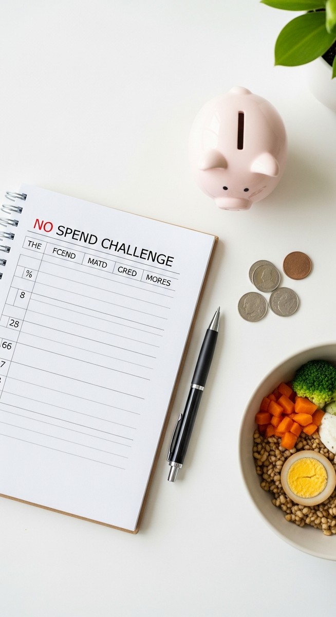 a flatlay of a no-spend challenge tracker notepad, a pen, a piggy bank, coins and a home-cooked meal on a white surface for saving money