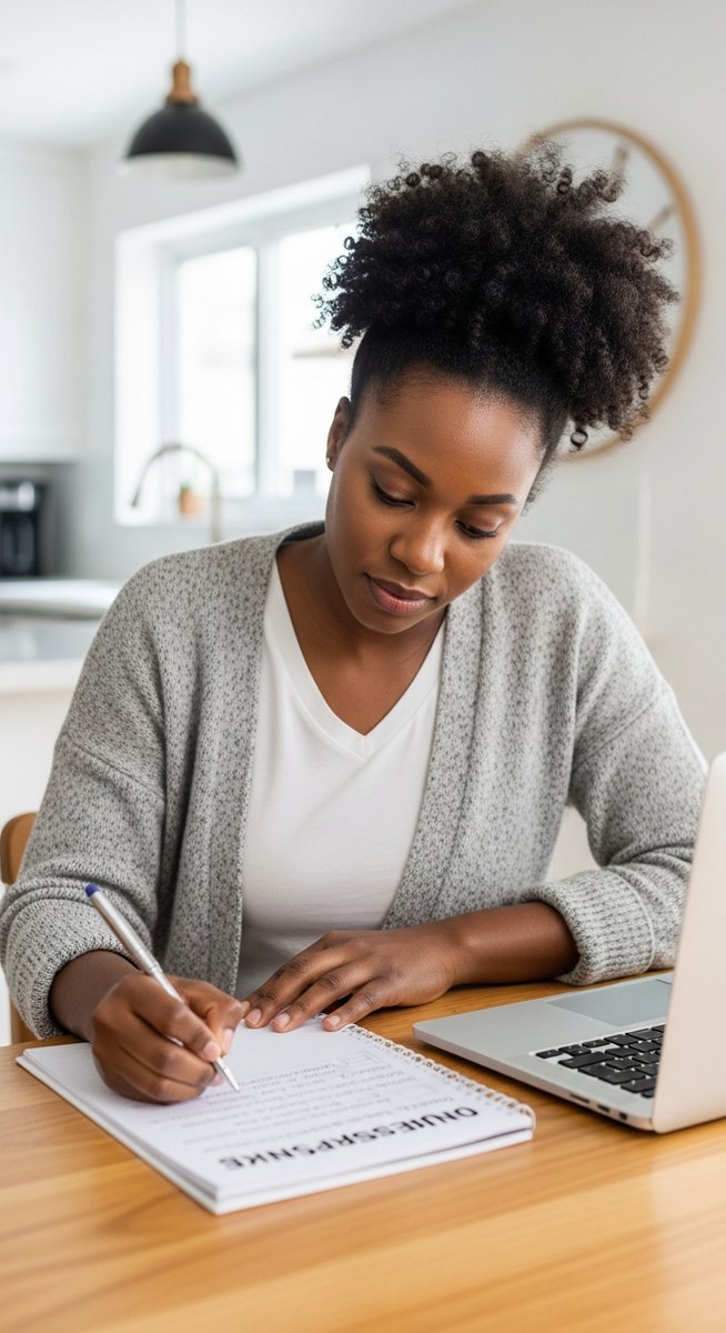 woman writing out no-spend challenge rules in a notepad at a kitchen table with a laptop