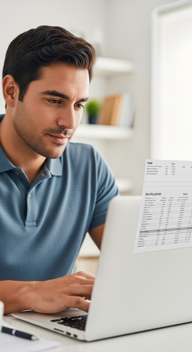 man reviewing his bank statement on a laptop at a home desk