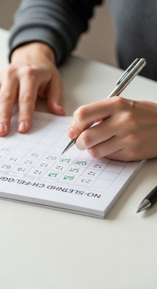 a hands writing a no-spend challenge calendar in a notepad with some days ticked off for saving money