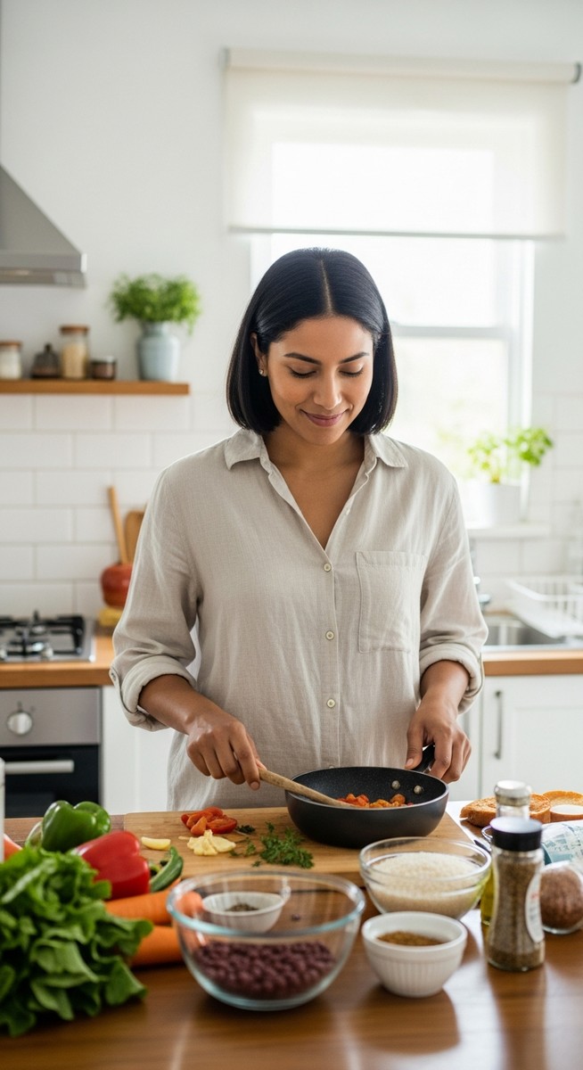 a woman cooking a simple home meal from scratch in a bright kitchen for saving money