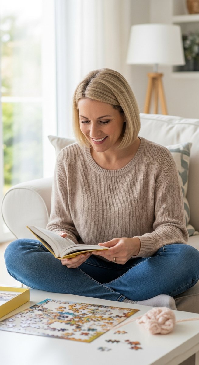 woman enjoying a free home activity in a bright living room looking relaxed