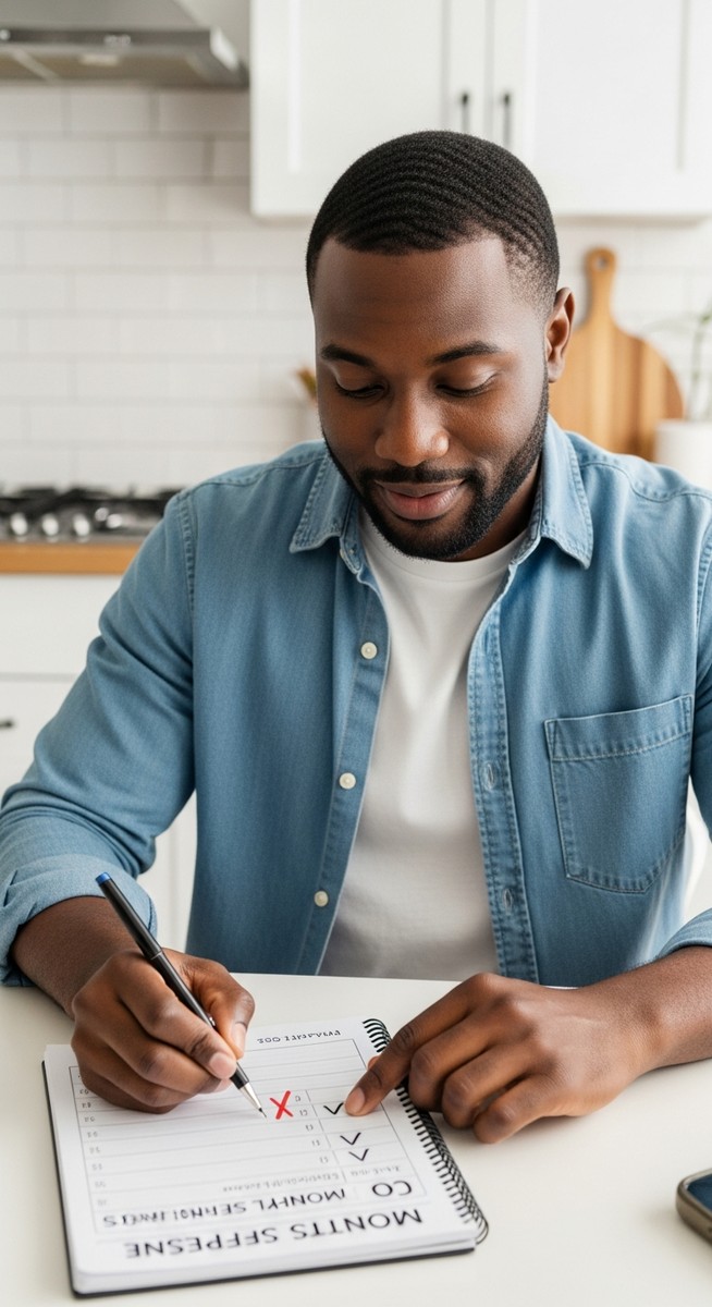 a man marking off days on a no-spend challenge tracker in a notepad at a kitchen table for saving money