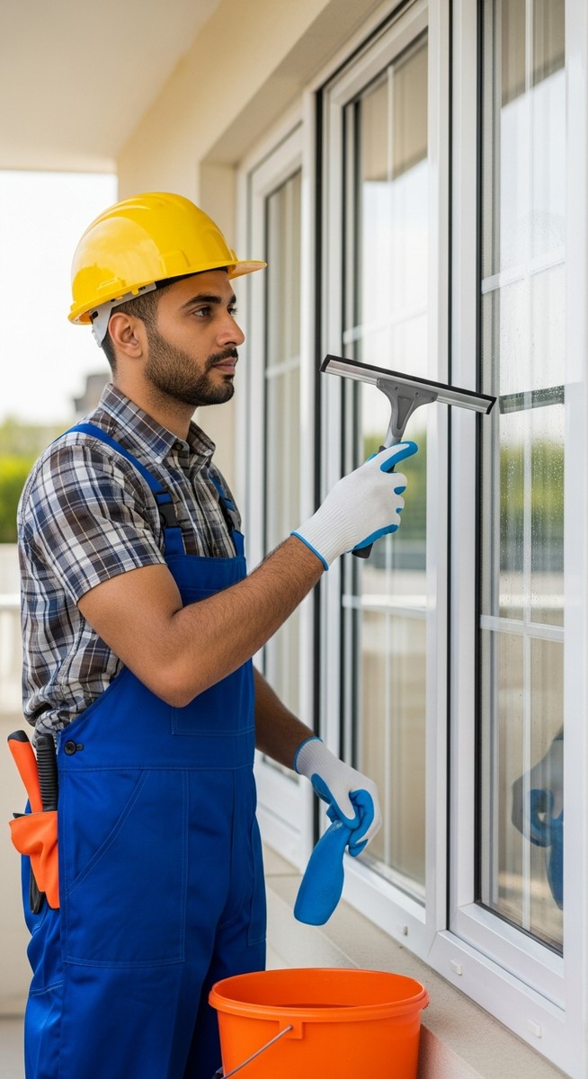 a man cleaning house exterior windows with a squeegee and bucket for extra income