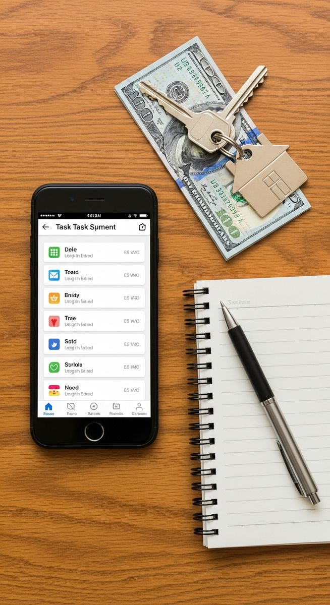 a flatlay of a smartphone with a task app, house keys, cash and a notepad on a wooden surface for extra income