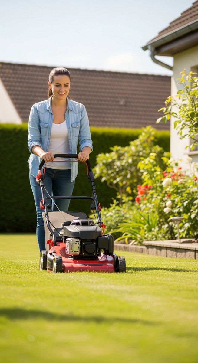 a woman mowing a front garden lawn with a push mower on a sunny day for extra income