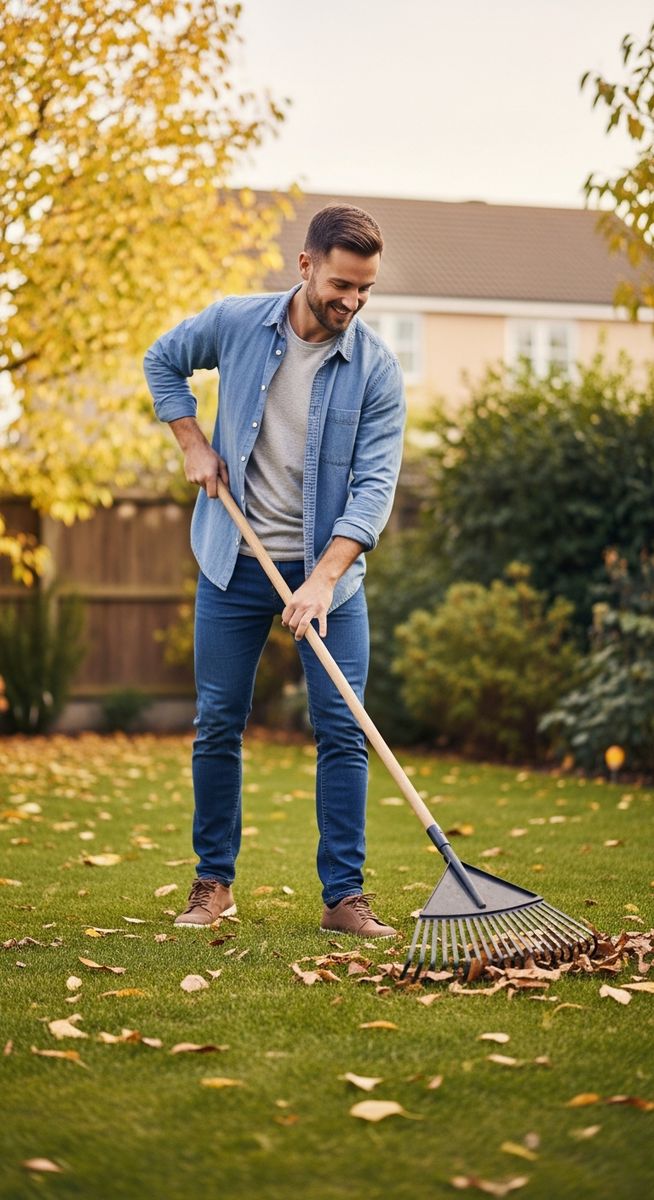 man raking autumn leaves in a suburban garden on a bright day