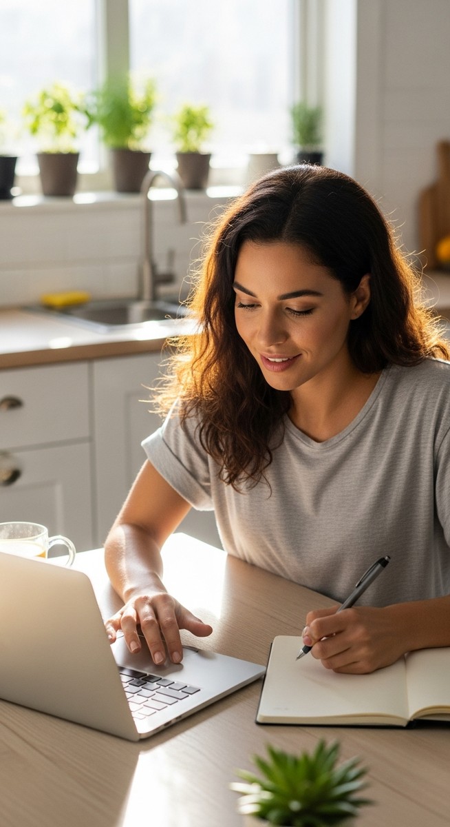 young woman taking notes next to her laptop at a kitchen table