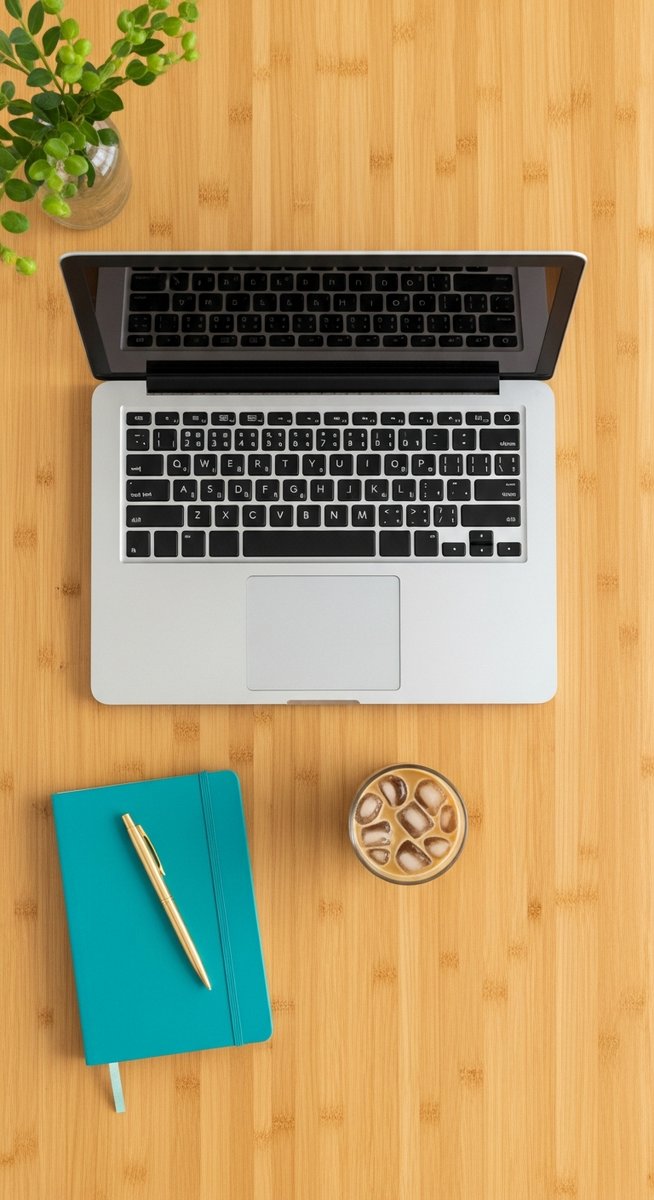 flatlay of a laptop and teal notebook on a wooden desk