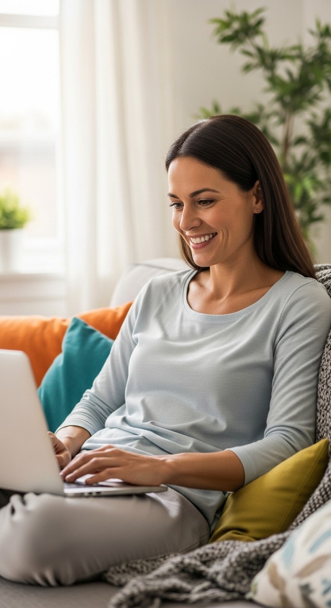 woman smiling while working on her laptop at home