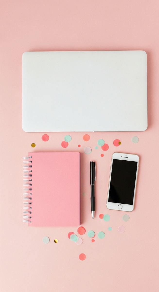 pink flatlay with laptop, notebook, and phone