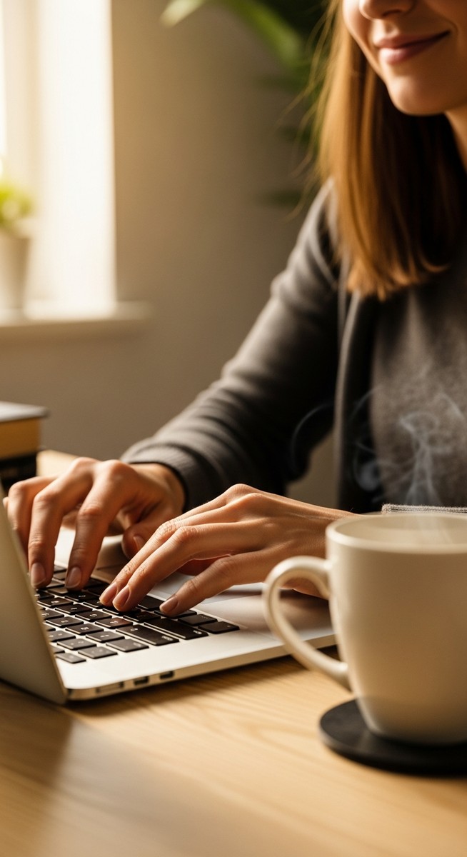 woman typing on a laptop at a bright clean desk