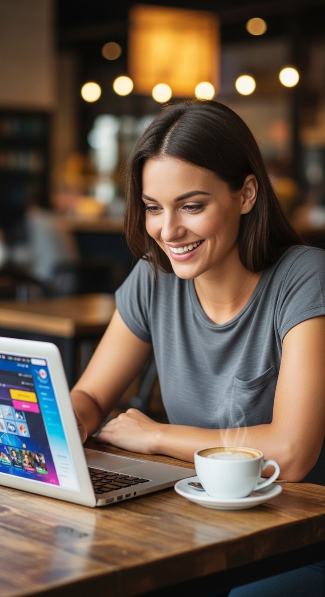 woman working happily on her laptop