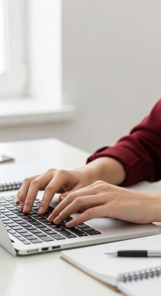 college student's hands typing on a laptop at a study desk
