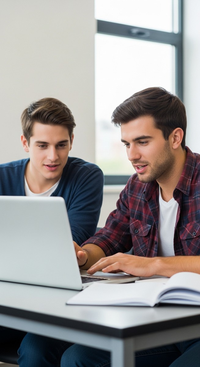 a two college students looking at a laptop together at a desk for college students