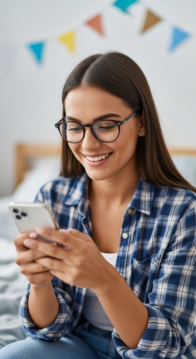 a female college student smiling at her phone in her bedroom for college students